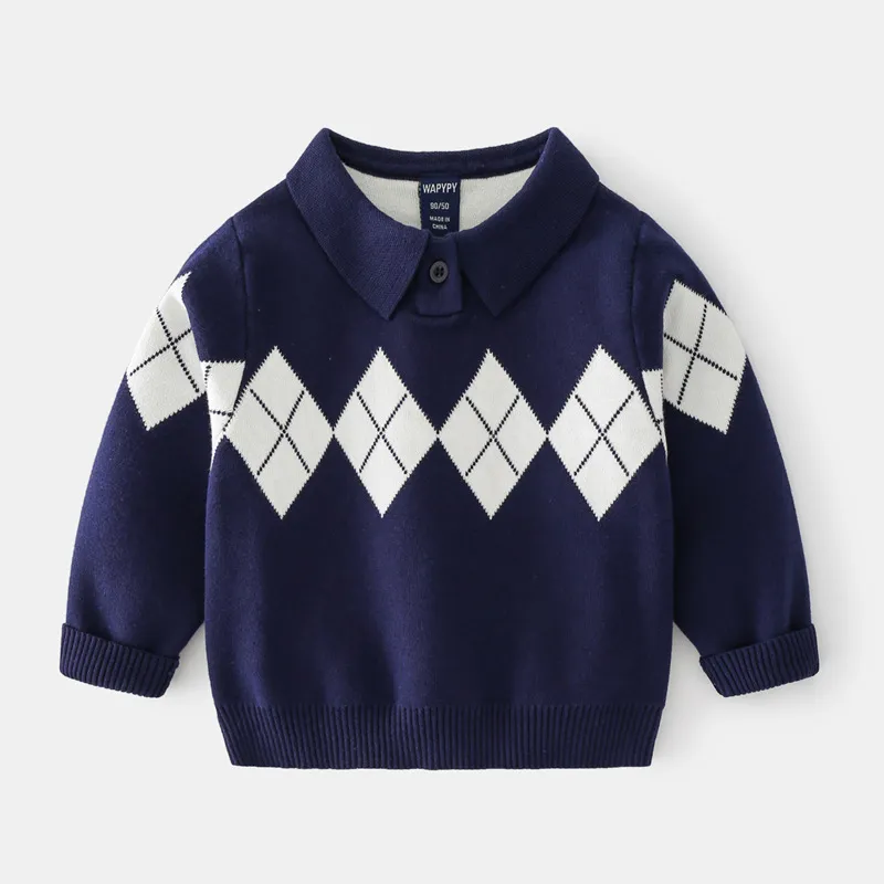 Children Kids Toddlers Boys Long-Sleeved Lapel Knit Cotton Blend Leisure Pullover Sweater