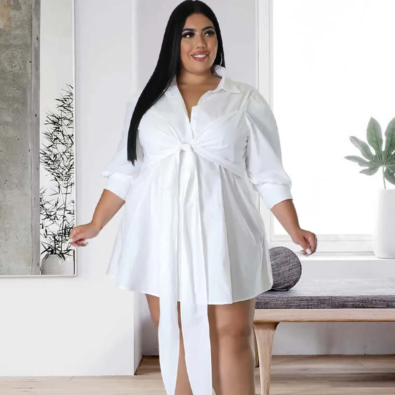 Women Fashion Plus Size Solid Color Tie Lapel Mini Dress
