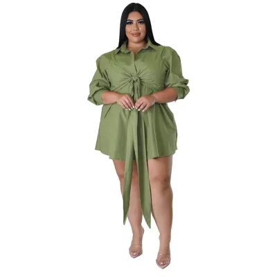 Women Fashion Plus Size Solid Color Tie Lapel Mini Dress