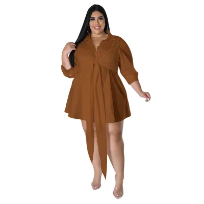 Women Fashion Plus Size Solid Color Tie Lapel Mini Dress