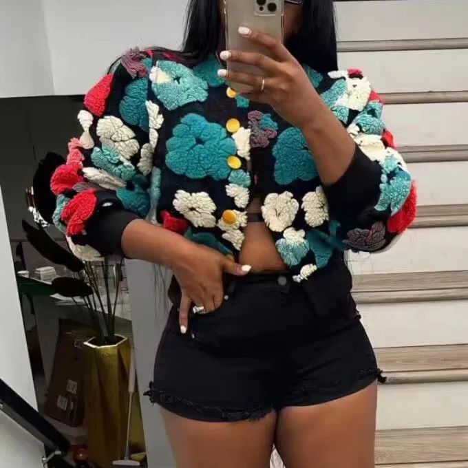 Women Casual Flocking Flower Design Long Sleeve Buttoned Jacket