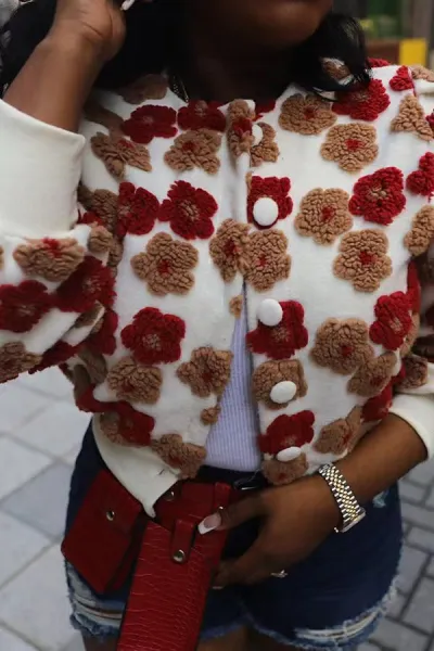 Women Casual Flocking Flower Design Long Sleeve Buttoned Jacket