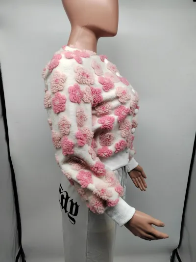 Women Casual Flocking Flower Design Long Sleeve Buttoned Jacket