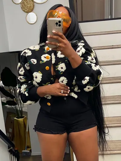 Women Casual Flocking Flower Design Long Sleeve Buttoned Jacket