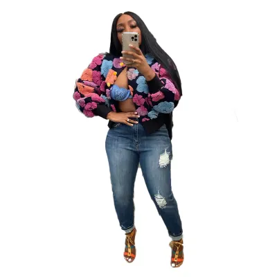 Women Casual Flocking Flower Design Long Sleeve Buttoned Jacket