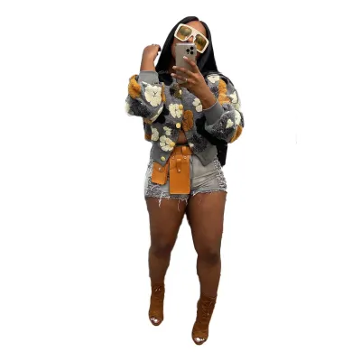 Women Casual Flocking Flower Design Long Sleeve Buttoned Jacket
