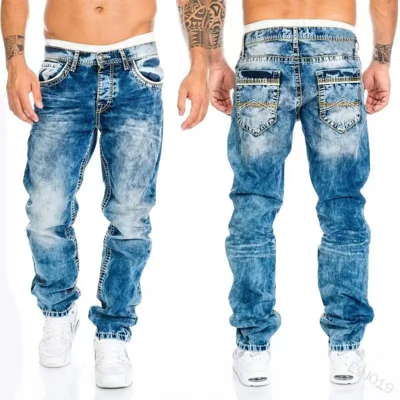 Men Casual Mid Waist Straight Denim Jeans with Printing