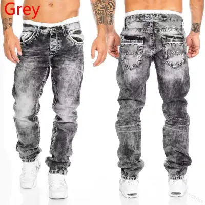 Men Casual Mid Waist Straight Denim Jeans with Printing