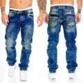 Men Casual Mid Waist Straight Denim Jeans with Printing