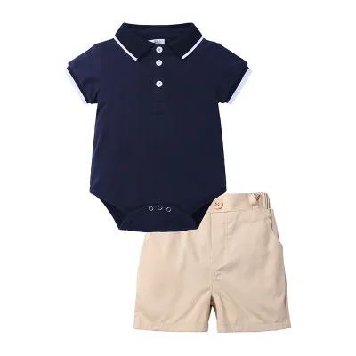 Toddlers Newborn Baby Boys Short-Sleeved Polo Lapel Bodysuit And Shorts 2pcs Set