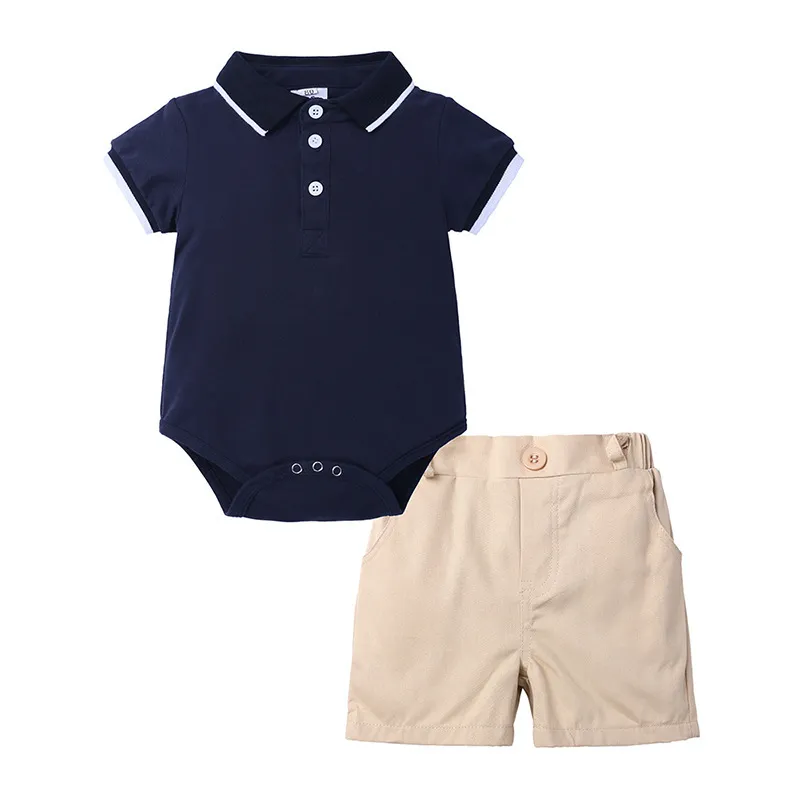 Toddlers Newborn Baby Boys Short-Sleeved Polo Lapel Bodysuit And Shorts 2pcs Set