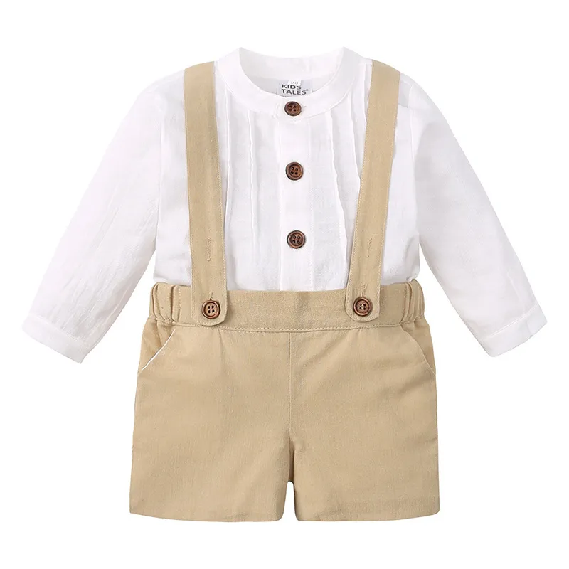 Toddler Baby Boys Cotton Linen Short-Sleeved Lapel Shirt and Shorts Overalls 2pcs Set