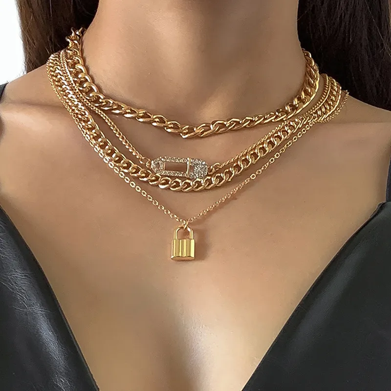 Women Hip-Hop Diamond Brooch Lock Simple Metal Chain Clavicle Necklace