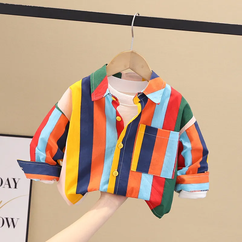 Toddlers Newborn Baby Boys Long-Sleeved Rainbow Stripe Cotton Shirt Lapel