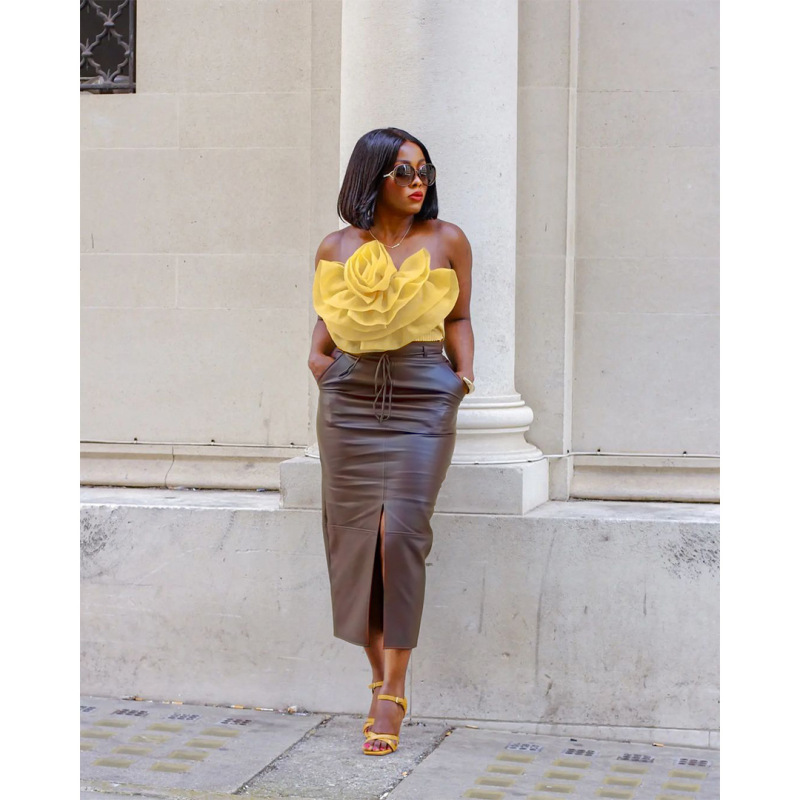 High waisted yellow leather skirt hotsell