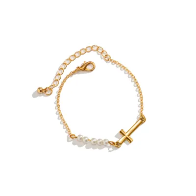 Wholesale Imitation Pearl Chain Metal Cross Bracelet Hip Hop Simple