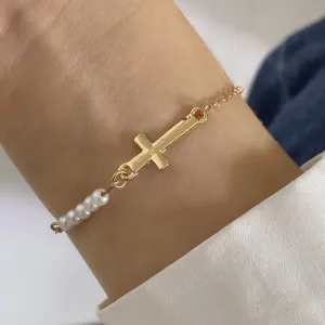 Wholesale Imitation Pearl Chain Metal Cross Bracelet Hip Hop Simple