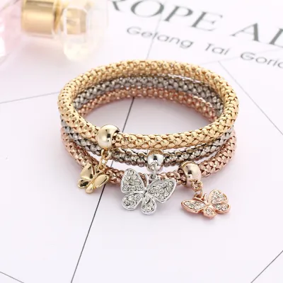 Women Fashion Three-Color Elastic Popcorn Chain Diamond Butterfly Pendant Bracelet