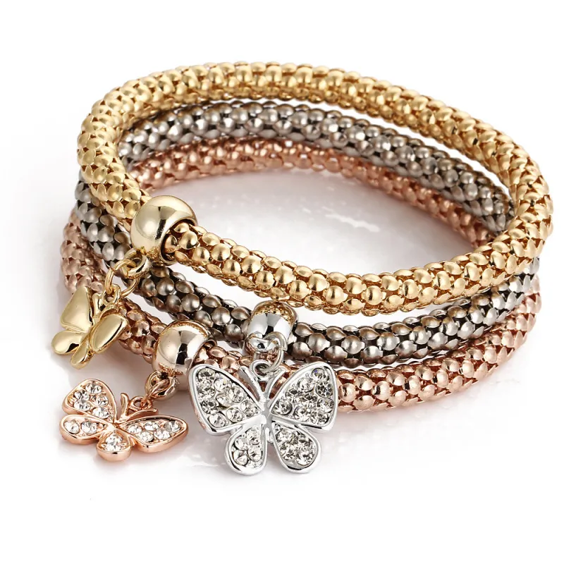 Women Fashion Three-Color Elastic Popcorn Chain Diamond Butterfly Pendant Bracelet