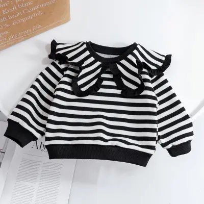 Toddler Girls Cotton Lapel Stripe Long Sleeve Pullover Sweatshirt