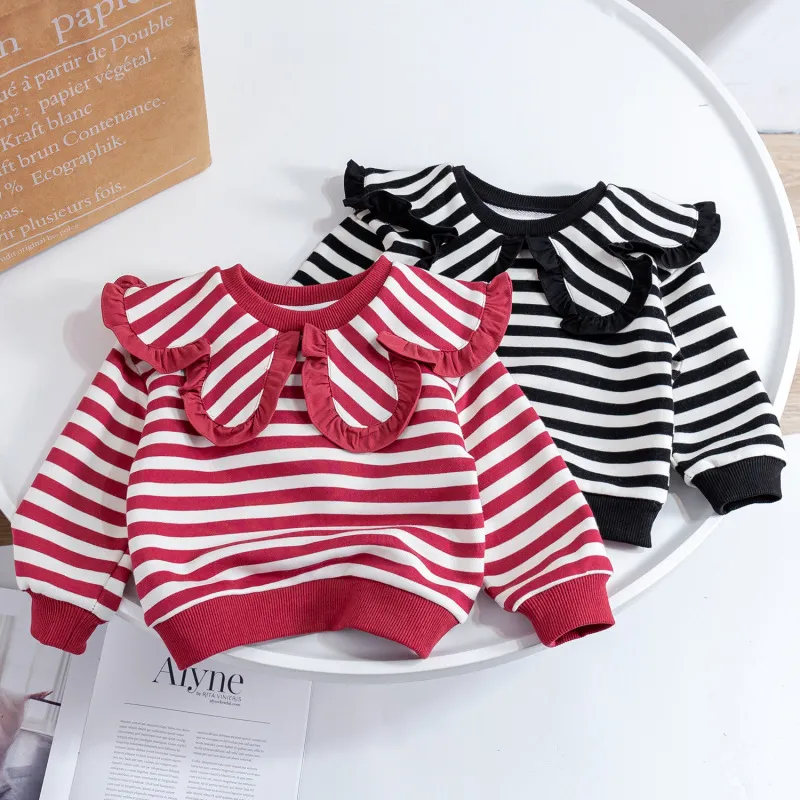 Toddler Girls Cotton Lapel Stripe Long Sleeve Pullover Sweatshirt