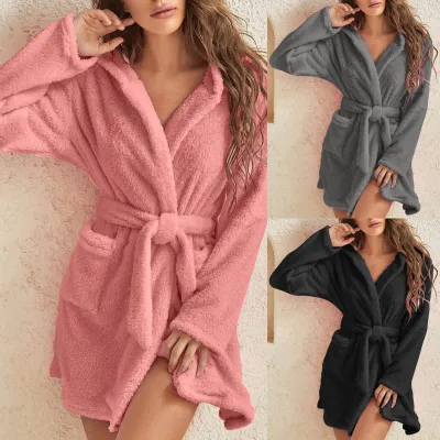 Women Cozy Homewear Solid Color Plush Nightrobe Cardigan