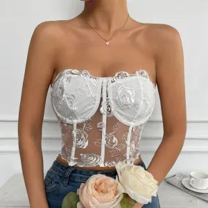 Women Sweet Dating Floral See-Through Mesh Cropped Tube Top Corset