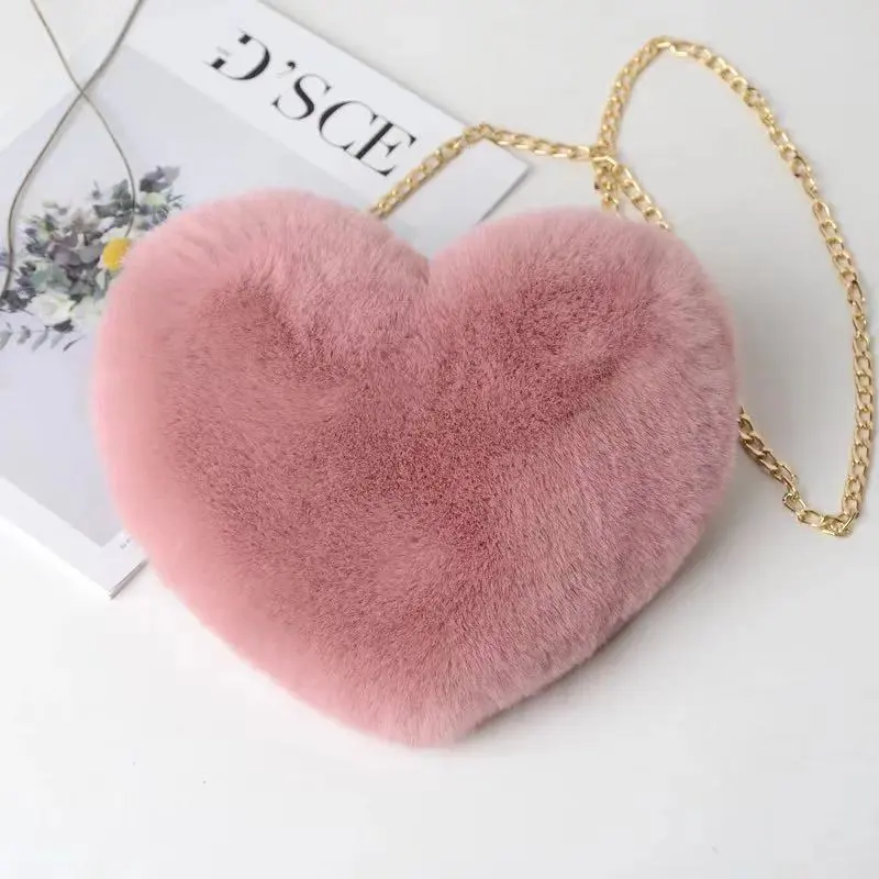 Pink heart-shaped mini fur with chain bag fashion cute Messenger