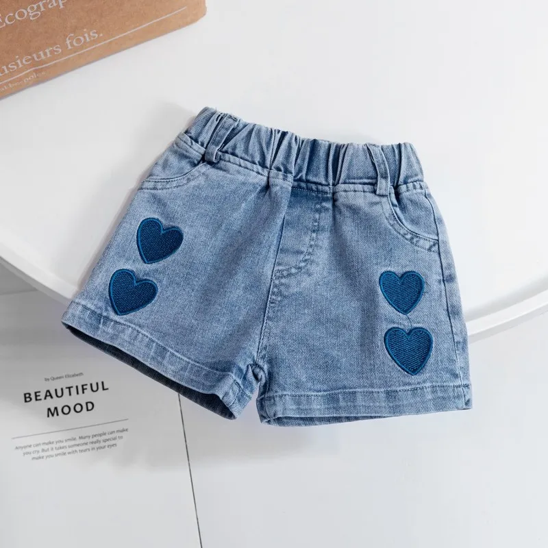 Children Kids Toddlers Girls Heart Print Denim Shorts Casual Cotton Shorts