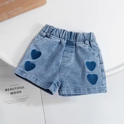 Children Kids Toddlers Girls Heart Print Denim Shorts Casual Cotton Shorts