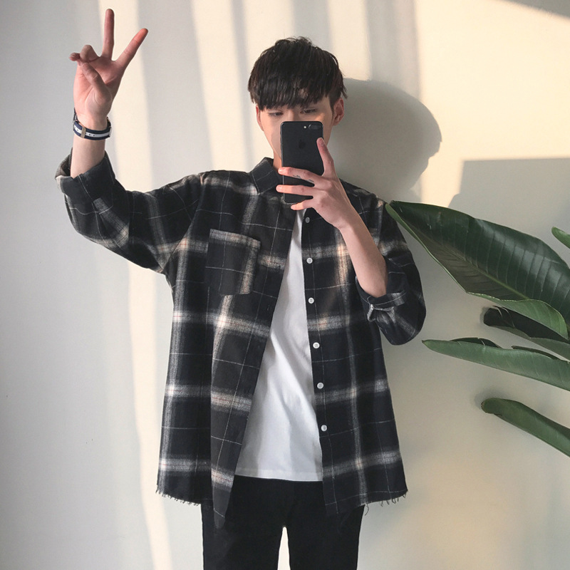 Wholesale Men Fashion Black White Plaid Long Sleeve Loose Shirt