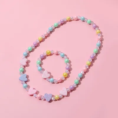 Children Toddlers Acrylic Heart Beaded Bracelet Necklace Set Kids Toys