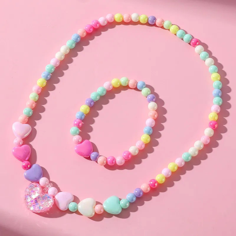 Children Kids Toddlers Acrylic Sequin Heart Beaded Bracelet Necklace Set Ball Chain