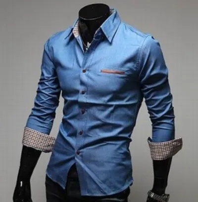 Men Casual Long Sleeve Pocket Inlaid Leather Denim Shirt