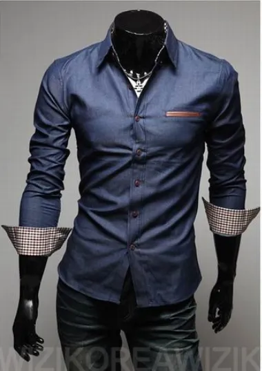 Men Casual Long Sleeve Pocket Inlaid Leather Denim Shirt