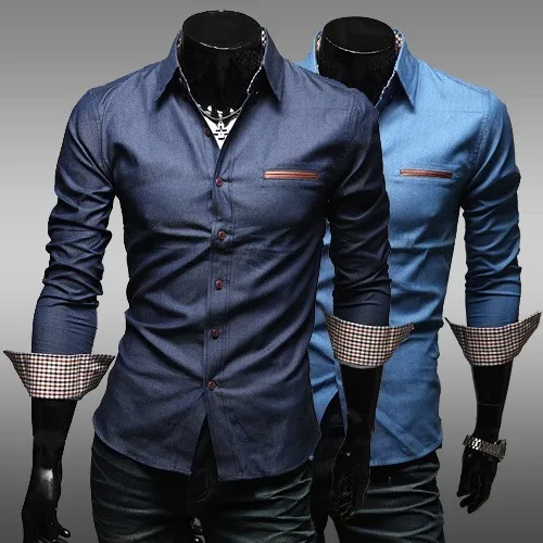 Men Casual Long Sleeve Pocket Inlaid Leather Denim Shirt