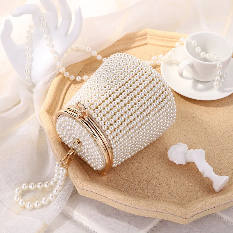 Women's Fashion Acrylic Pearl Bucket Handle Evening Bag Lock Closure Satin Lining