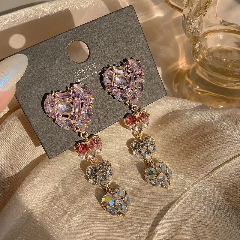 Purple Rhinestone Tassel Heart Earrings