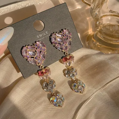 Purple Rhinestone Tassel Heart Earrings