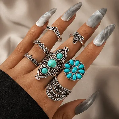 Ethnic Style Turquoise Elephant Geometric Graphic 7-Piece Ring Set