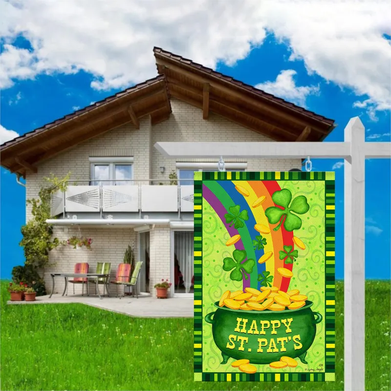 St. Patrick's Day Clover Truck Print Polyester Linen Holiday Party Double Layer Garden Flag