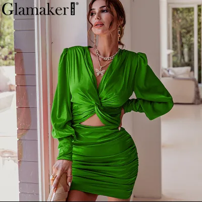 Elegant Women Fashion Solid Satin Long Sleeve Knotted Cut Out Sweet Dating Dress
