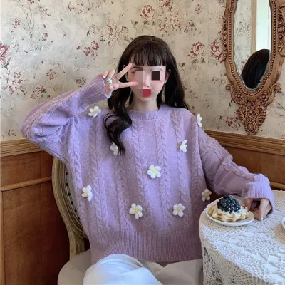 Autumn Winter Women Sweet Floral Braid Knitted Pullover Sweater