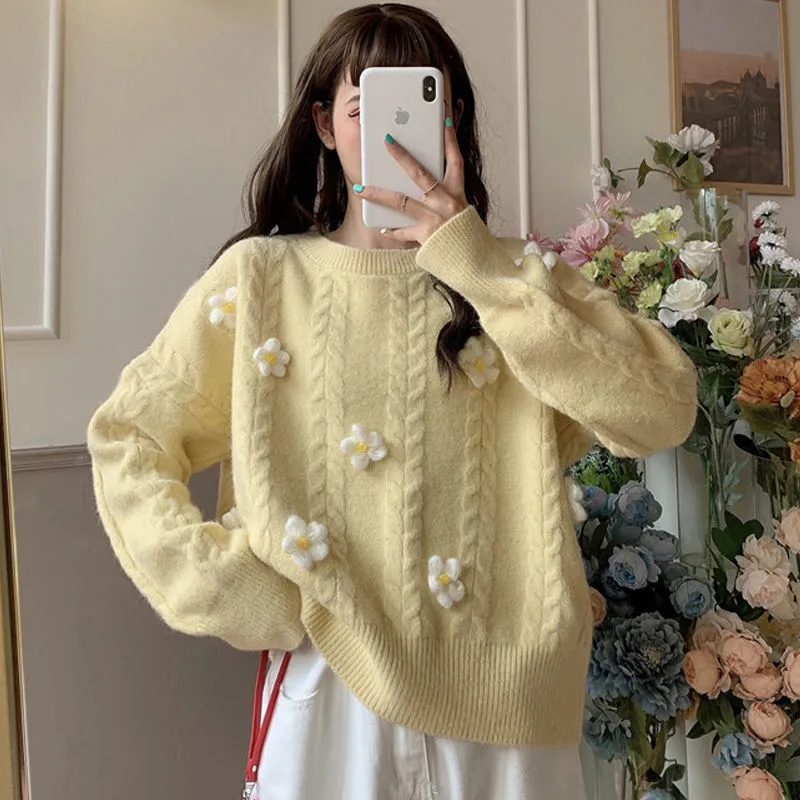 Autumn Winter Women Sweet Floral Braid Knitted Pullover Sweater