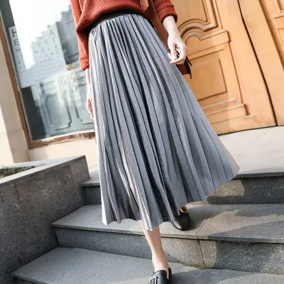 Women Solid Color Pleated High Waist Casual Long Skirt