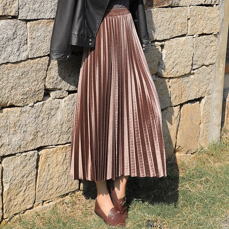 Women Solid Color Pleated High Waist Casual Long Skirt