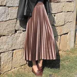 Women Solid Color Pleated High Waist Casual Long Skirt