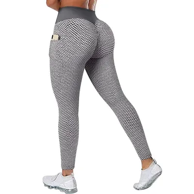 Women's High Waist Yoga Leggings with Hip Pocket and Honeycomb Pattern