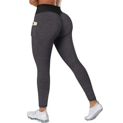 Women's High Waist Yoga Leggings with Hip Pocket and Honeycomb Pattern