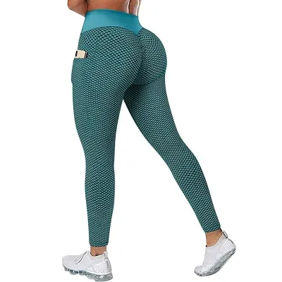 Women's High Waist Yoga Leggings with Hip Pocket and Honeycomb Pattern